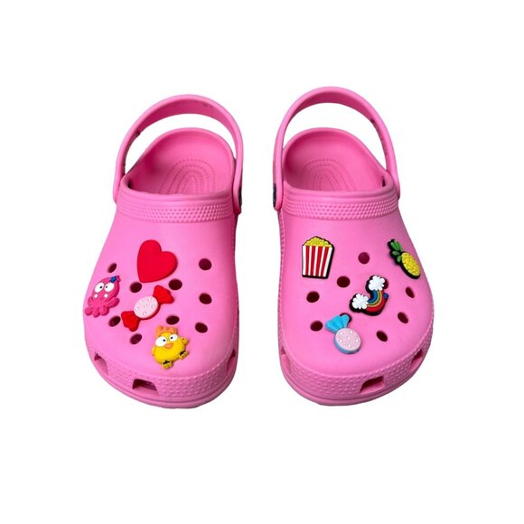 CROCS Classic Pink Clogs With Charms Girls 2 J2 Lightweight Slip On Water Shoes - Picture 1 of 11